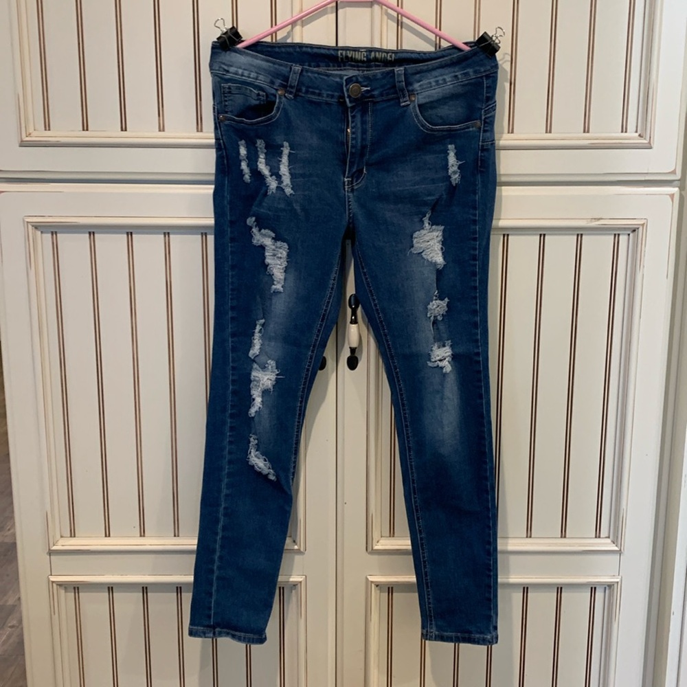 Distressed, flying angel skinny fit jeans size 11 have a lot of stretch in them